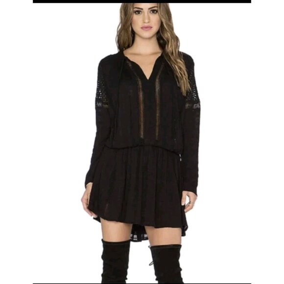 Free People Nomad Peasant Black Long Sleeve Crochet Dress Size S Goth Punk - Picture 1 of 11
